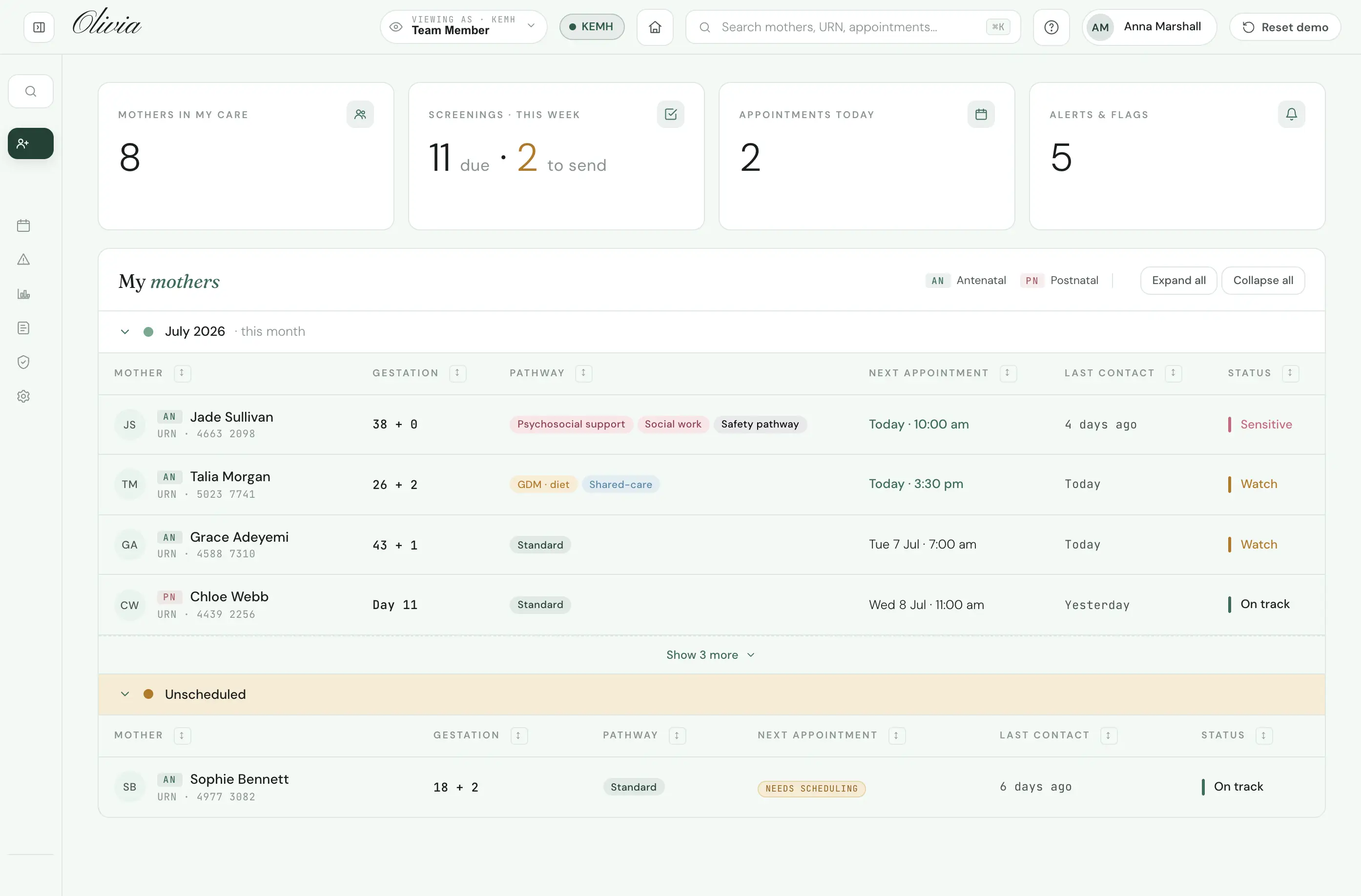 The Olivia clinician portal dashboard showing a midwife caseload